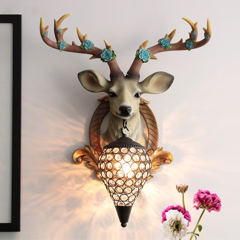 Rural Deer Wall Lighting 1-Head Resin Wall Mounted Lamp with Clear Hand-Cut Crystal Shade in Gold/Grey/White Grey Clearhalo 'Wall Lamps & Sconces' 'Wall Lights' Lighting' 1688133