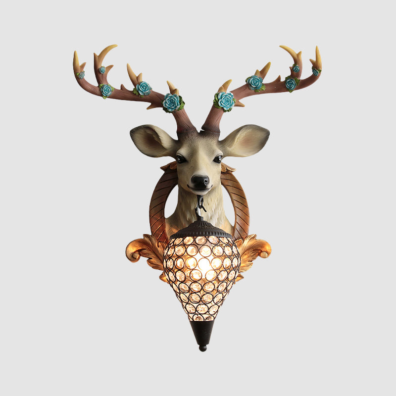 Rural Deer Wall Lighting 1-Head Resin Wall Mounted Lamp with Clear Hand-Cut Crystal Shade in Gold/Grey/White Clearhalo 'Wall Lamps & Sconces' 'Wall Lights' Lighting' 1688135