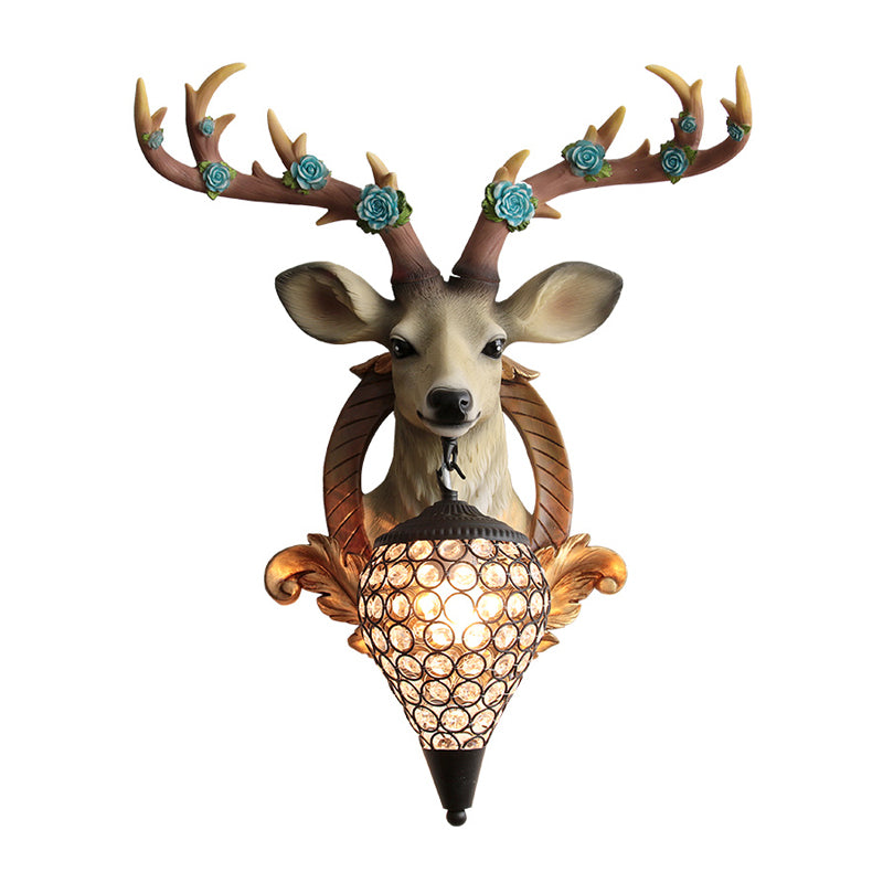 Rural Deer Wall Lighting 1-Head Resin Wall Mounted Lamp with Clear Hand-Cut Crystal Shade in Gold/Grey/White Clearhalo 'Wall Lamps & Sconces' 'Wall Lights' Lighting' 1688136