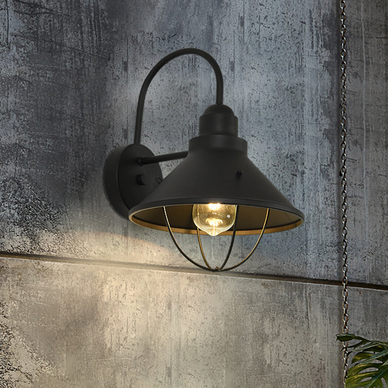 1 Bulb Wall Mounted Light Antique Conic Metallic Wall Lighting Fixture in Black for Lodge Clearhalo 'Art deco wall lights' 'Cast Iron' 'Glass' 'Industrial wall lights' 'Industrial' 'Middle century wall lights' 'Modern' 'Rustic wall lights' 'Tiffany' 'Traditional wall lights' 'Wall Lamps & Sconces' 'Wall Lights' Lighting' 1688160