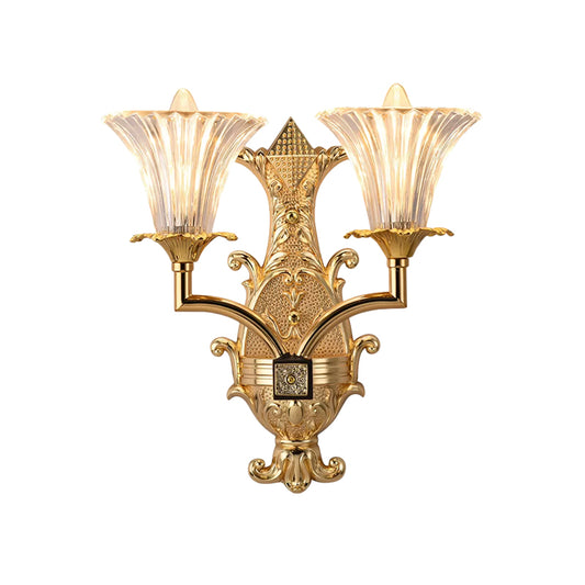 Clear Fluted Glass Gold Wall Lamp Tapered 2-Light Rustic Style Wall Lighting Fixture Clearhalo 'Wall Lamps & Sconces' 'Wall Lights' Lighting' 1688169