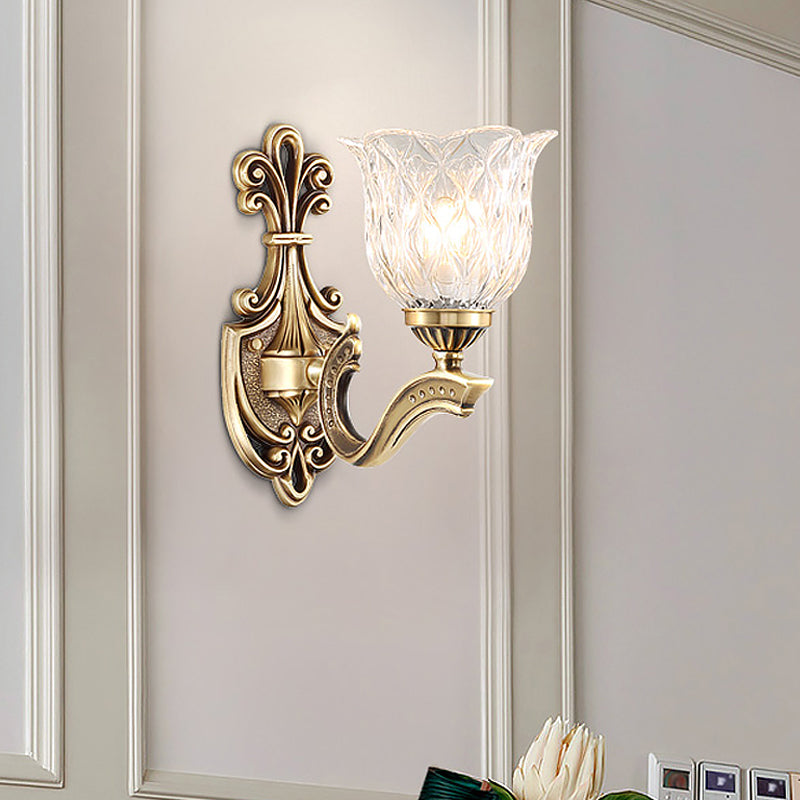 1/2-Head Wall Lighting Idea Cottage Blossom Clear Lattice Glass Brass Sconce Light Fixture 1.0 Brass Clearhalo 'Wall Lamps & Sconces' 'Wall Lights' Lighting' 1688171