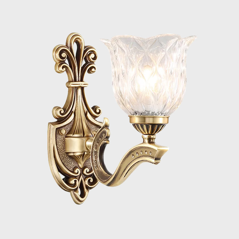 1/2-Head Wall Lighting Idea Cottage Blossom Clear Lattice Glass Brass Sconce Light Fixture Clearhalo 'Wall Lamps & Sconces' 'Wall Lights' Lighting' 1688172