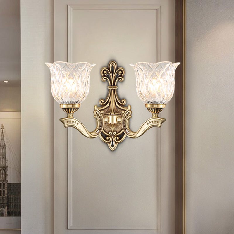 1/2-Head Wall Lighting Idea Cottage Blossom Clear Lattice Glass Brass Sconce Light Fixture 2.0 Brass Clearhalo 'Wall Lamps & Sconces' 'Wall Lights' Lighting' 1688175