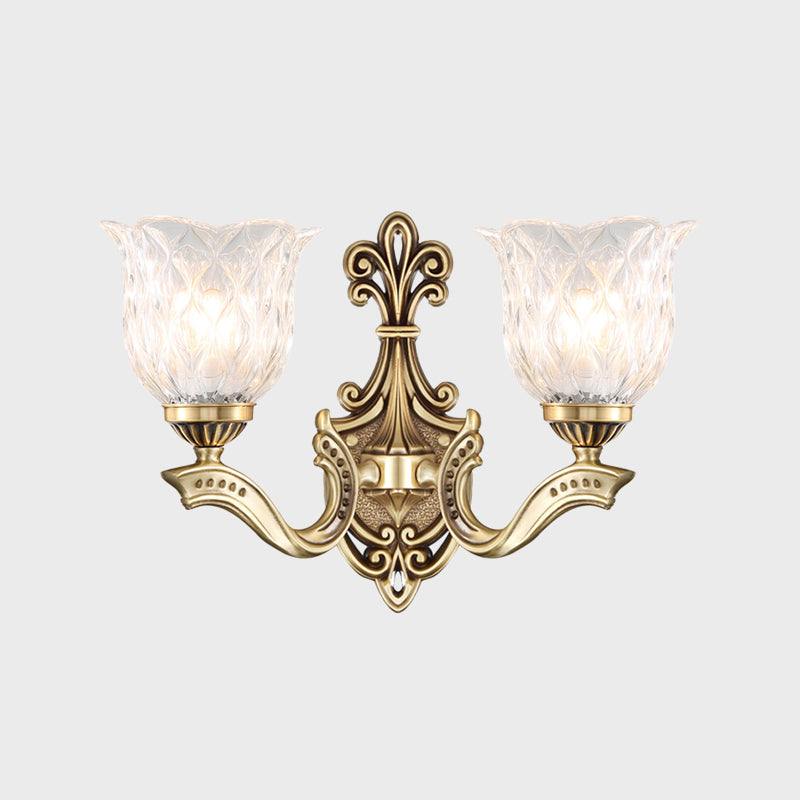 1/2-Head Wall Lighting Idea Cottage Blossom Clear Lattice Glass Brass Sconce Light Fixture Clearhalo 'Wall Lamps & Sconces' 'Wall Lights' Lighting' 1688177