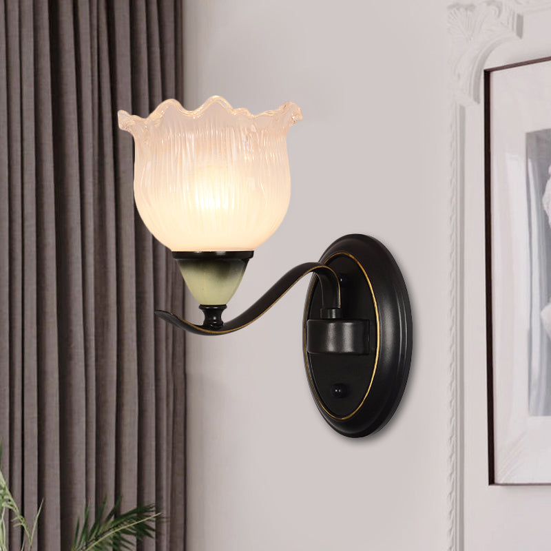 Vintage Blossom Sconce Lamp 1/2-Bulb Opal Ribbed Glass Wall Lighting Idea in Black for Living Room 1.0 Black Clearhalo 'Wall Lamps & Sconces' 'Wall Lights' Lighting' 1688180