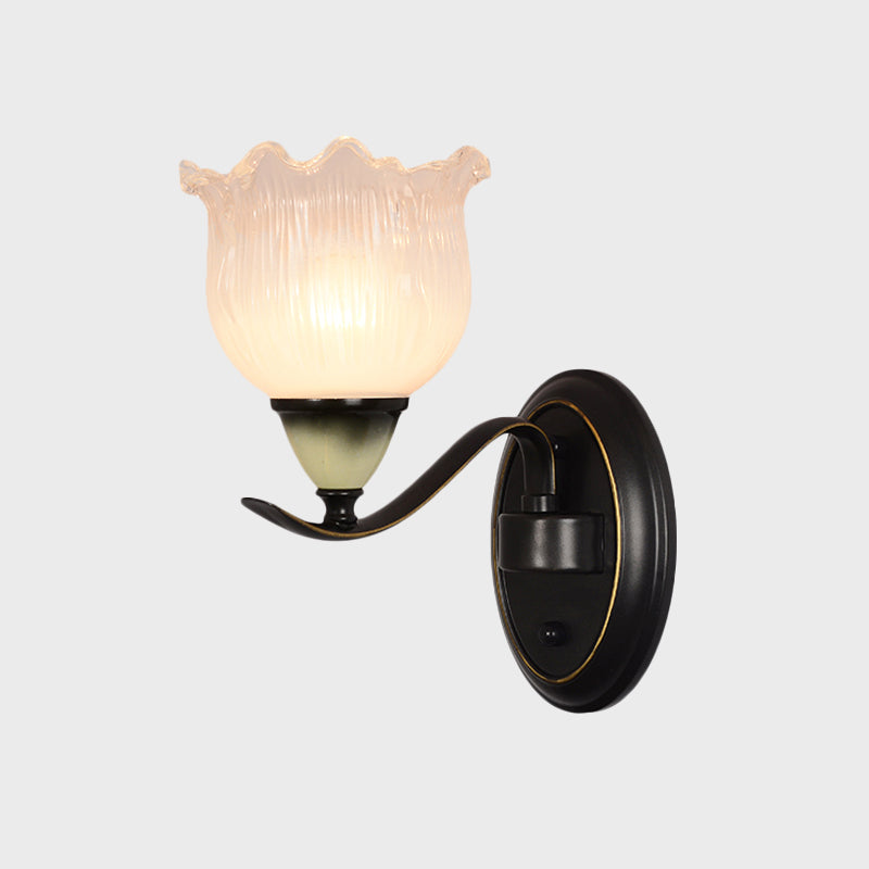 Vintage Blossom Sconce Lamp 1/2-Bulb Opal Ribbed Glass Wall Lighting Idea in Black for Living Room Clearhalo 'Wall Lamps & Sconces' 'Wall Lights' Lighting' 1688181