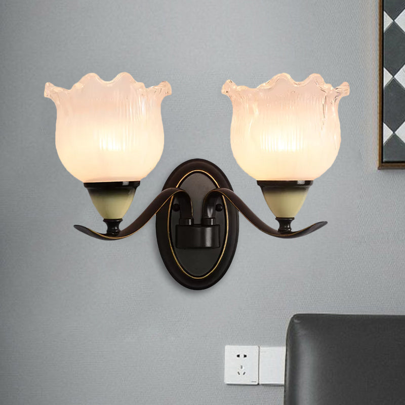 Vintage Blossom Sconce Lamp 1/2-Bulb Opal Ribbed Glass Wall Lighting Idea in Black for Living Room 2.0 Black Clearhalo 'Wall Lamps & Sconces' 'Wall Lights' Lighting' 1688184