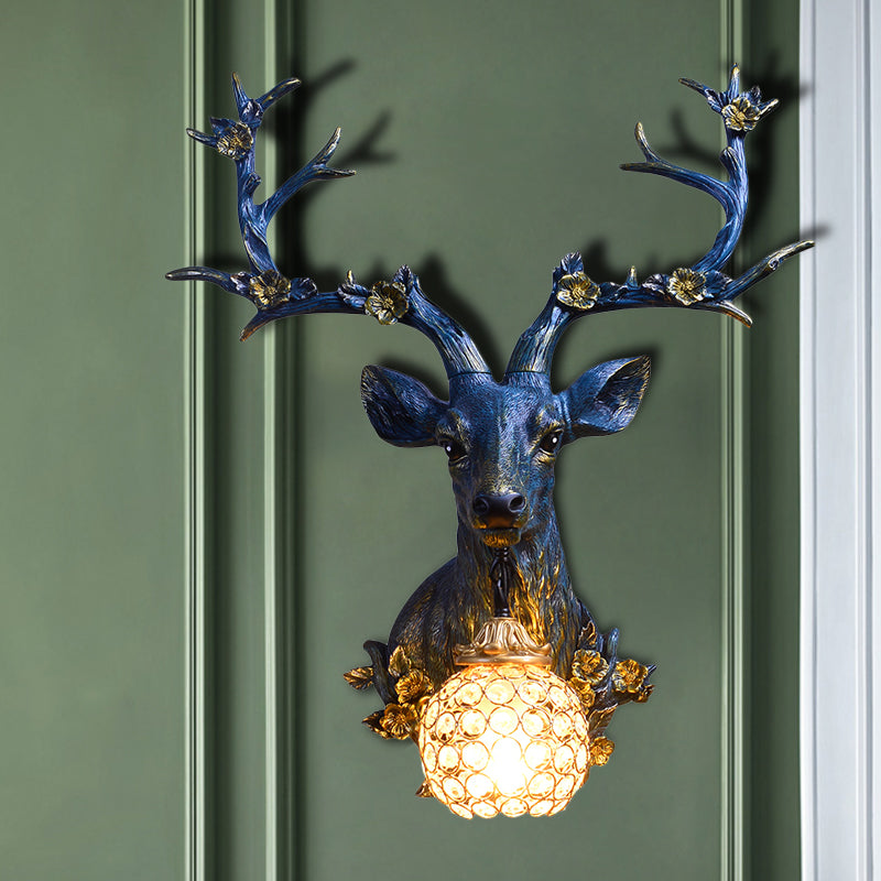 White/Blue 1 Light Wall Lamp Country Style Resin Deer and Flower Wall Mounted Lighting with Faceted Clear Crystal Shade Blue Clearhalo 'Wall Lamps & Sconces' 'Wall Lights' Lighting' 1688222