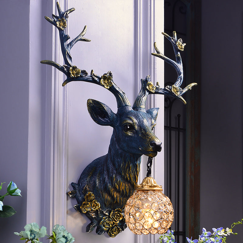 White/Blue 1 Light Wall Lamp Country Style Resin Deer and Flower Wall Mounted Lighting with Faceted Clear Crystal Shade Clearhalo 'Wall Lamps & Sconces' 'Wall Lights' Lighting' 1688223