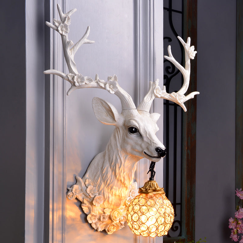 White/Blue 1 Light Wall Lamp Country Style Resin Deer and Flower Wall Mounted Lighting with Faceted Clear Crystal Shade White Clearhalo 'Wall Lamps & Sconces' 'Wall Lights' Lighting' 1688226