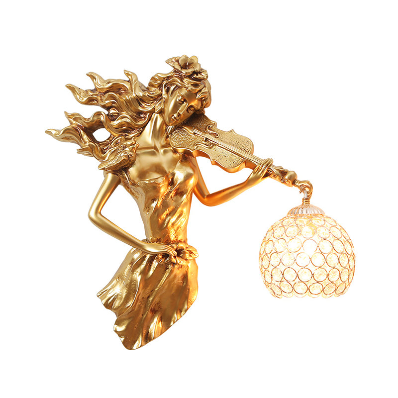 Antiqued Girl Holding Violin Wall Lamp Single Bulb Resin Wall Light Sconce with Ball Beveled Clear crystal Shade in White/Gold Clearhalo 'Wall Lamps & Sconces' 'Wall Lights' Lighting' 1688232