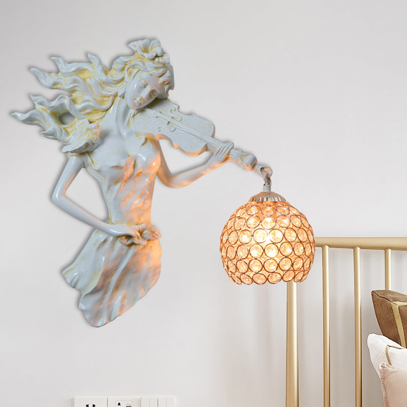 Antiqued Girl Holding Violin Wall Lamp Single Bulb Resin Wall Light Sconce with Ball Beveled Clear crystal Shade in White/Gold White Clearhalo 'Wall Lamps & Sconces' 'Wall Lights' Lighting' 1688234