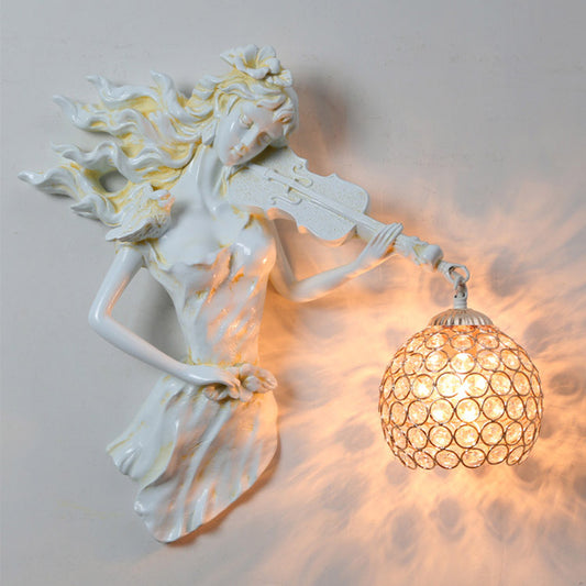 Antiqued Girl Holding Violin Wall Lamp Single Bulb Resin Wall Light Sconce with Ball Beveled Clear crystal Shade in White/Gold Clearhalo 'Wall Lamps & Sconces' 'Wall Lights' Lighting' 1688236