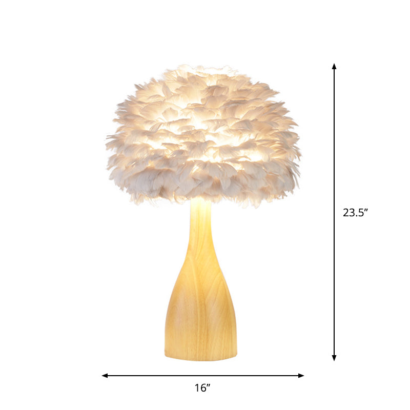 Rounded Study Room Night Table Lamp Feather 1-Head Minimalist Desk Light with Bottle Wood Base in White Clearhalo 'Lamps' 'Table Lamps' Lighting' 1688249