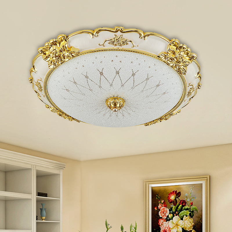 Circular Dining Room Flush Light Vintage Frosted Glass LED Gold Ceiling Mounted Fixture with Etching Flower Trim, 14"/16" Wide Gold Clearhalo 'Ceiling Lights' 'Close To Ceiling Lights' 'Close to ceiling' 'Flush mount' Lighting' 1688250