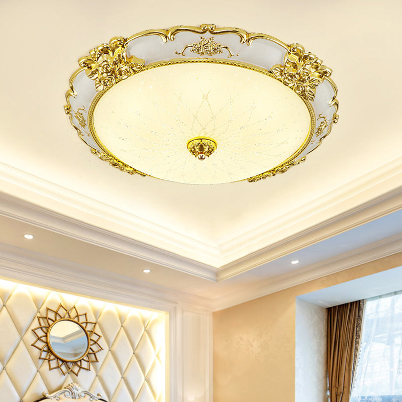 Circular Dining Room Flush Light Vintage Frosted Glass LED Gold Ceiling Mounted Fixture with Etching Flower Trim, 14"/16" Wide Clearhalo 'Ceiling Lights' 'Close To Ceiling Lights' 'Close to ceiling' 'Flush mount' Lighting' 1688251