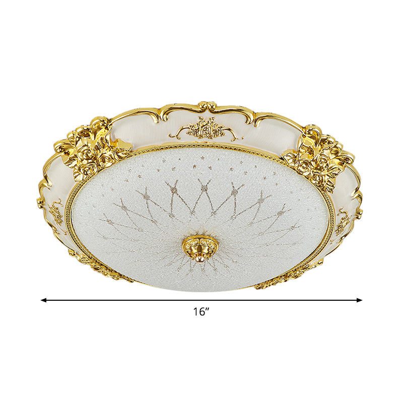 Circular Dining Room Flush Light Vintage Frosted Glass LED Gold Ceiling Mounted Fixture with Etching Flower Trim, 14"/16" Wide Clearhalo 'Ceiling Lights' 'Close To Ceiling Lights' 'Close to ceiling' 'Flush mount' Lighting' 1688254