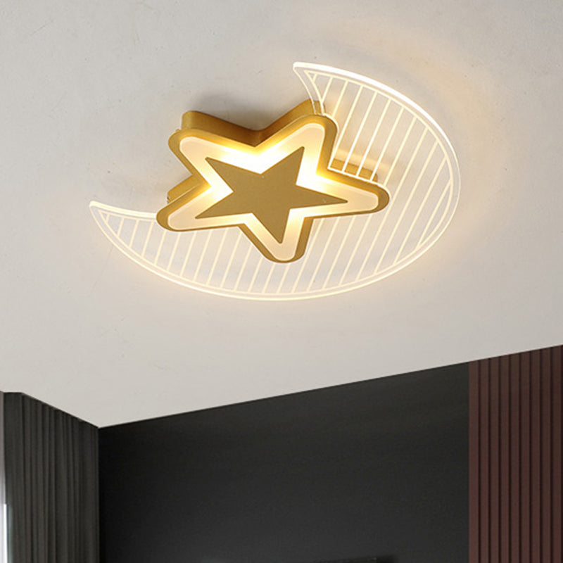 Acrylic Crescent and Star Ceiling Light Fixture Cartoon LED Gold Flush Mount Lighting in Warm/White Light Gold Clearhalo 'Ceiling Lights' 'Close To Ceiling Lights' 'Close to ceiling' 'Flush mount' Lighting' 1688275