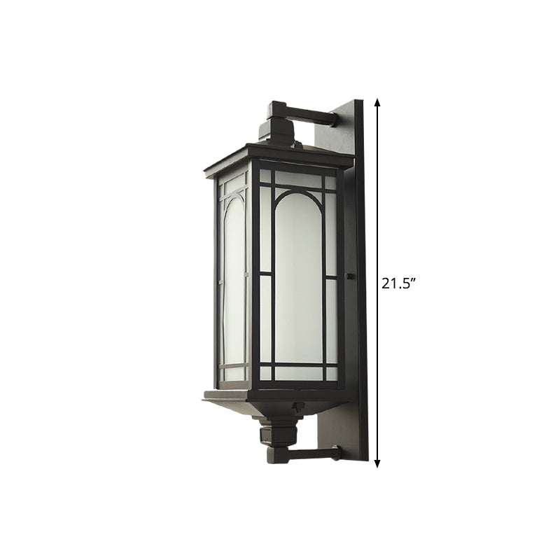 Black Lantern Wall Sconce Classic Style Opaline Glass 1-Light Lodge Wall Mount Lighting Clearhalo 'Art deco wall lights' 'Cast Iron' 'Glass' 'Industrial wall lights' 'Industrial' 'Middle century wall lights' 'Modern' 'Rustic wall lights' 'Tiffany' 'Traditional wall lights' 'Wall Lamps & Sconces' 'Wall Lights' Lighting' 1688298