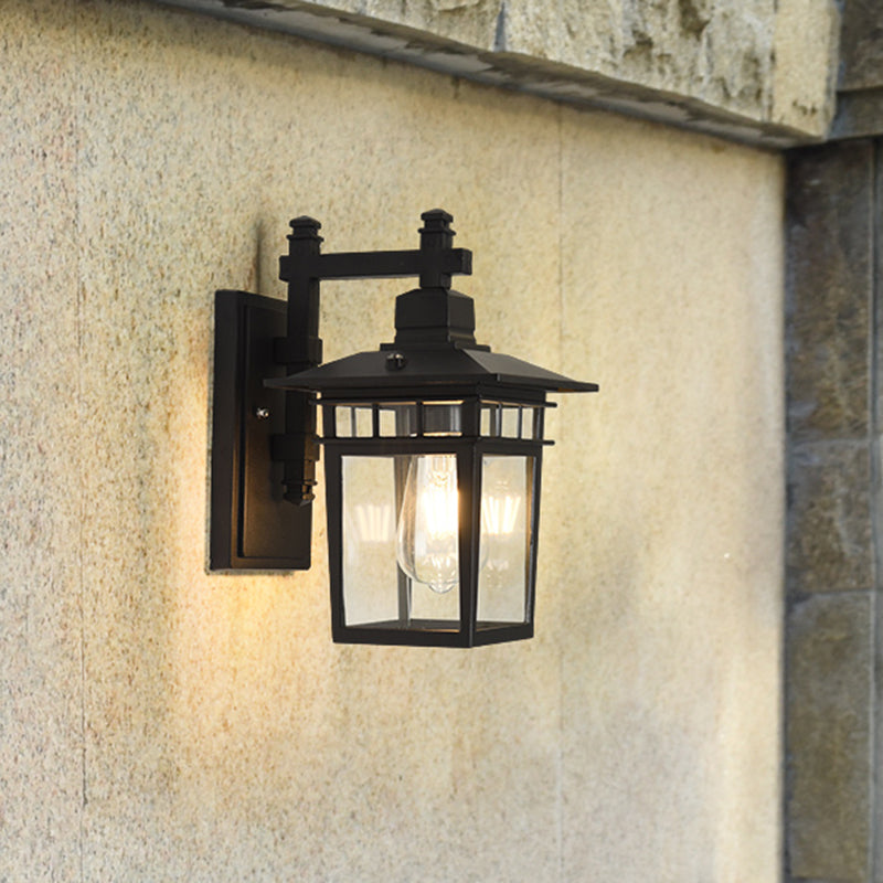 Pavilion Clear Glass Wall Lighting Industrial 1-Bulb Outdoor Wall Mounted Lamp in Black Clearhalo 'Art deco wall lights' 'Cast Iron' 'Glass' 'Industrial wall lights' 'Industrial' 'Middle century wall lights' 'Modern' 'Rustic wall lights' 'Tiffany' 'Traditional wall lights' 'Wall Lamps & Sconces' 'Wall Lights' Lighting' 1688300