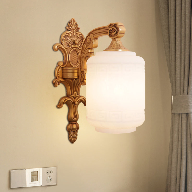 1 Head Opal Glass Wall Light Traditional Brass Lantern Shade Wall Sconce Lighting for Living Room Brass Clearhalo 'Wall Lamps & Sconces' 'Wall Lights' Lighting' 1688323