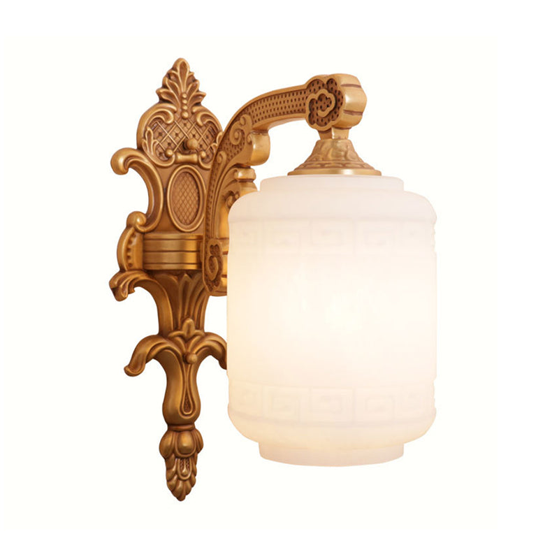 1 Head Opal Glass Wall Light Traditional Brass Lantern Shade Wall Sconce Lighting for Living Room Clearhalo 'Wall Lamps & Sconces' 'Wall Lights' Lighting' 1688325