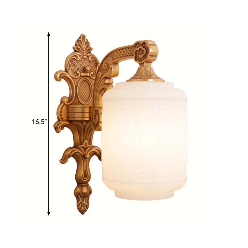 1 Head Opal Glass Wall Light Traditional Brass Lantern Shade Wall Sconce Lighting for Living Room Clearhalo 'Wall Lamps & Sconces' 'Wall Lights' Lighting' 1688326