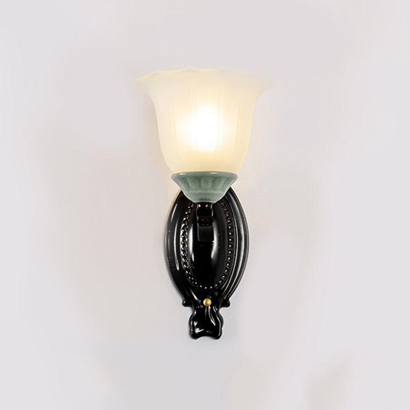 1/2-Light Sconce Retro Style Bedroom Wall Mount Lighting with Scalloped Bell Frosted Glass Shade in Black Clearhalo 'Wall Lamps & Sconces' 'Wall Lights' Lighting' 1688328