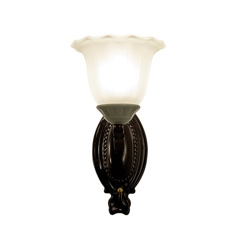 1/2-Light Sconce Retro Style Bedroom Wall Mount Lighting with Scalloped Bell Frosted Glass Shade in Black Clearhalo 'Wall Lamps & Sconces' 'Wall Lights' Lighting' 1688329