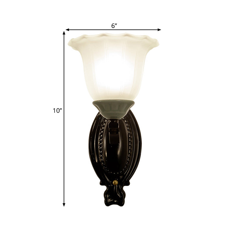 1/2-Light Sconce Retro Style Bedroom Wall Mount Lighting with Scalloped Bell Frosted Glass Shade in Black Clearhalo 'Wall Lamps & Sconces' 'Wall Lights' Lighting' 1688330