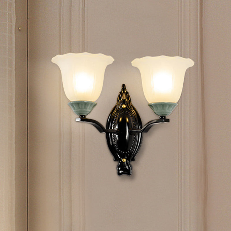 1/2-Light Sconce Retro Style Bedroom Wall Mount Lighting with Scalloped Bell Frosted Glass Shade in Black 2.0 Black Clearhalo 'Wall Lamps & Sconces' 'Wall Lights' Lighting' 1688331