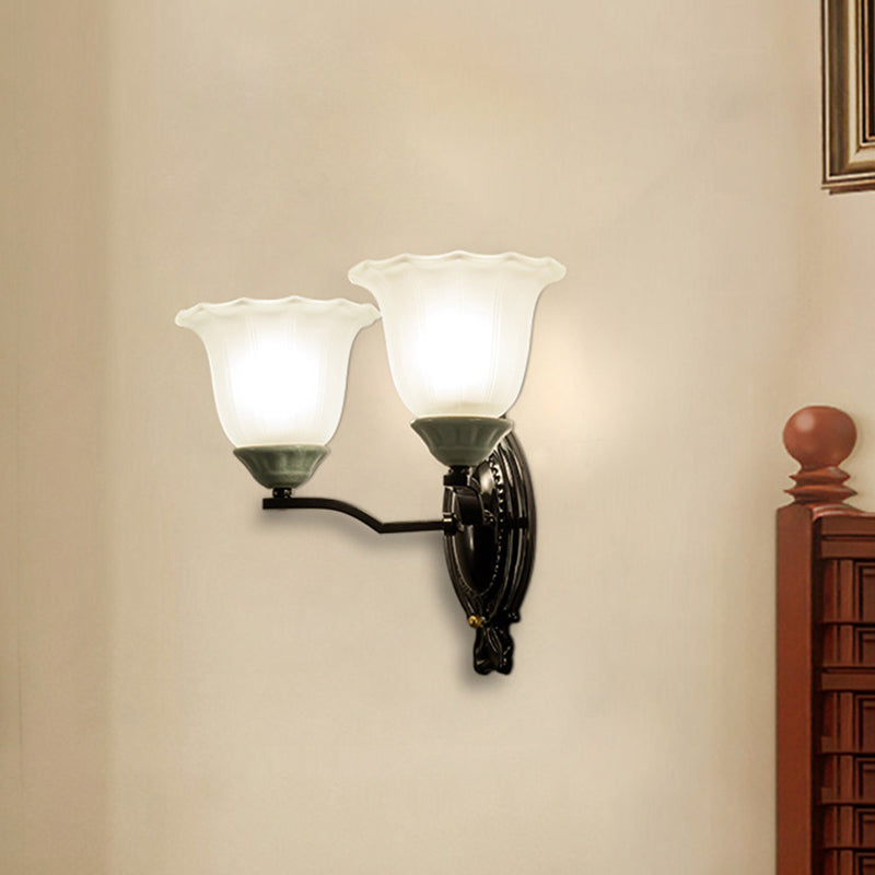 1/2-Light Sconce Retro Style Bedroom Wall Mount Lighting with Scalloped Bell Frosted Glass Shade in Black Clearhalo 'Wall Lamps & Sconces' 'Wall Lights' Lighting' 1688332