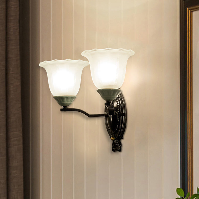 1/2-Light Sconce Retro Style Bedroom Wall Mount Lighting with Scalloped Bell Frosted Glass Shade in Black Clearhalo 'Wall Lamps & Sconces' 'Wall Lights' Lighting' 1688333