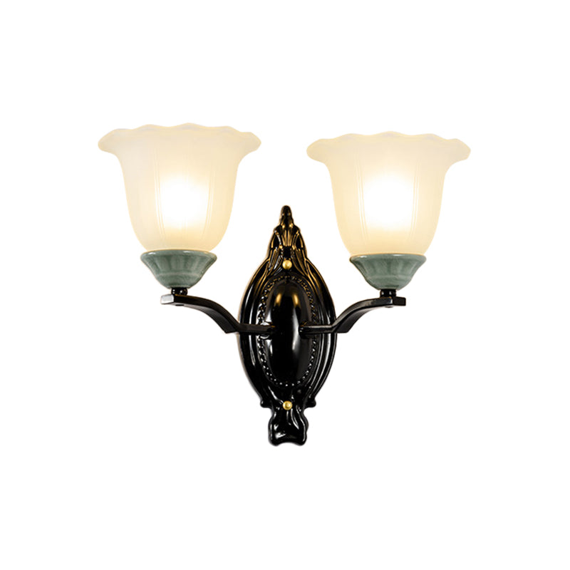 1/2-Light Sconce Retro Style Bedroom Wall Mount Lighting with Scalloped Bell Frosted Glass Shade in Black Clearhalo 'Wall Lamps & Sconces' 'Wall Lights' Lighting' 1688334