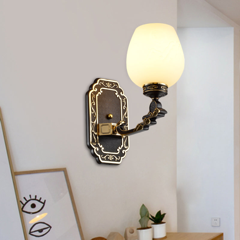 Classic Cup-like Wall Sconce 1-Head Cream Glass Etching Wall Mounted Lighting in Black Black Clearhalo 'Wall Lamps & Sconces' 'Wall Lights' Lighting' 1688372