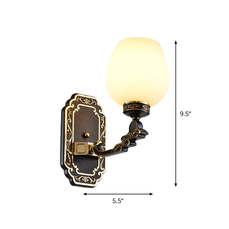 Classic Cup-like Wall Sconce 1-Head Cream Glass Etching Wall Mounted Lighting in Black Clearhalo 'Wall Lamps & Sconces' 'Wall Lights' Lighting' 1688375