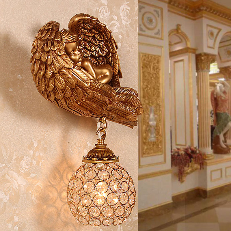 Sleeping Angel Hallway Wall Light Countryside Resin 1-Head Dark Gold Wall Mounted Lamp with Globe Faceted Crystal Shade, Left/Right Dark Gold Right Clearhalo 'Wall Lamps & Sconces' 'Wall Lights' Lighting' 1688376