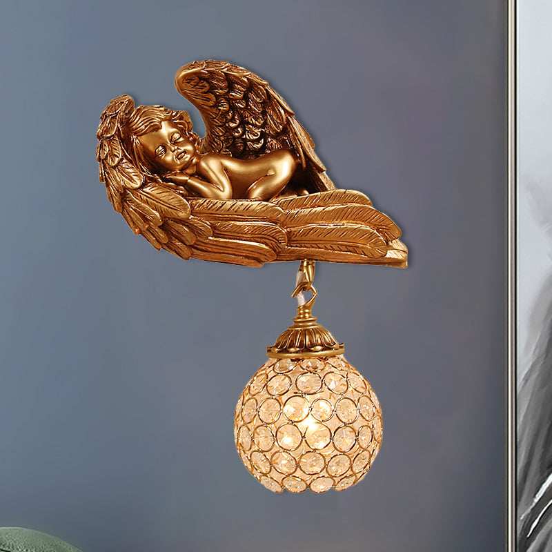 Sleeping Angel Hallway Wall Light Countryside Resin 1-Head Dark Gold Wall Mounted Lamp with Globe Faceted Crystal Shade, Left/Right Clearhalo 'Wall Lamps & Sconces' 'Wall Lights' Lighting' 1688377