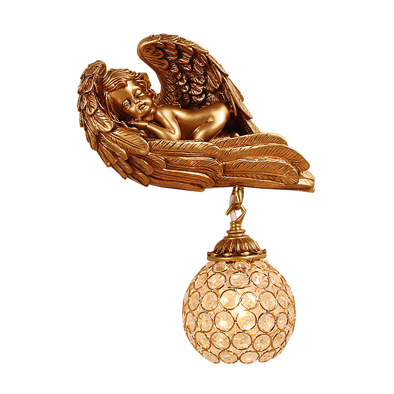 Sleeping Angel Hallway Wall Light Countryside Resin 1-Head Dark Gold Wall Mounted Lamp with Globe Faceted Crystal Shade, Left/Right Clearhalo 'Wall Lamps & Sconces' 'Wall Lights' Lighting' 1688378