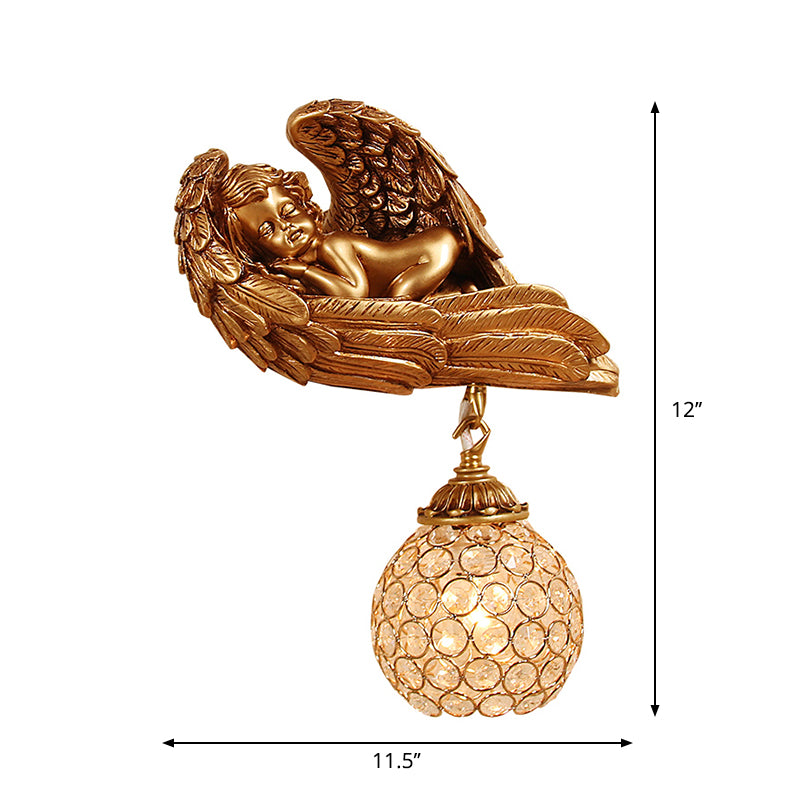 Sleeping Angel Hallway Wall Light Countryside Resin 1-Head Dark Gold Wall Mounted Lamp with Globe Faceted Crystal Shade, Left/Right Clearhalo 'Wall Lamps & Sconces' 'Wall Lights' Lighting' 1688379