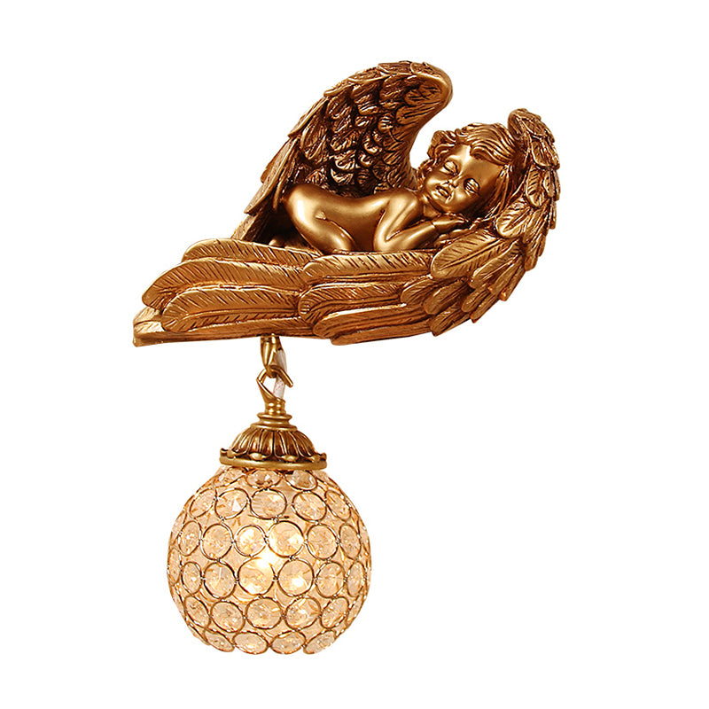 Sleeping Angel Hallway Wall Light Countryside Resin 1-Head Dark Gold Wall Mounted Lamp with Globe Faceted Crystal Shade, Left/Right Clearhalo 'Wall Lamps & Sconces' 'Wall Lights' Lighting' 1688383