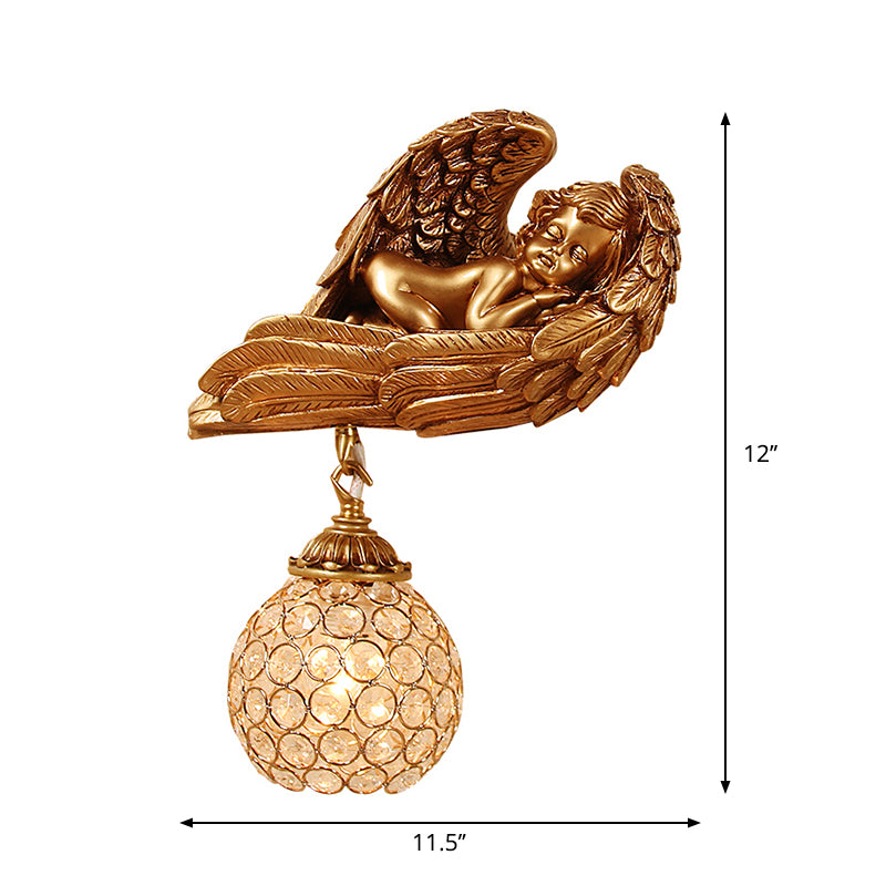 Sleeping Angel Hallway Wall Light Countryside Resin 1-Head Dark Gold Wall Mounted Lamp with Globe Faceted Crystal Shade, Left/Right Clearhalo 'Wall Lamps & Sconces' 'Wall Lights' Lighting' 1688384