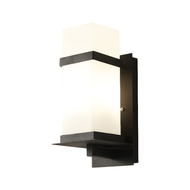 Rectangle White Glass Wall Lamp Fixture Retro 1 Light Porch Wall Sconce Lighting in Black, 5"/6" Wide Clearhalo 'Art deco wall lights' 'Cast Iron' 'Glass' 'Industrial wall lights' 'Industrial' 'Middle century wall lights' 'Modern' 'Rustic wall lights' 'Tiffany' 'Traditional wall lights' 'Wall Lamps & Sconces' 'Wall Lights' Lighting' 1688395