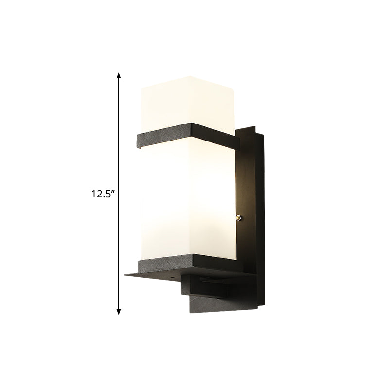 Rectangle White Glass Wall Lamp Fixture Retro 1 Light Porch Wall Sconce Lighting in Black, 5"/6" Wide Clearhalo 'Art deco wall lights' 'Cast Iron' 'Glass' 'Industrial wall lights' 'Industrial' 'Middle century wall lights' 'Modern' 'Rustic wall lights' 'Tiffany' 'Traditional wall lights' 'Wall Lamps & Sconces' 'Wall Lights' Lighting' 1688396
