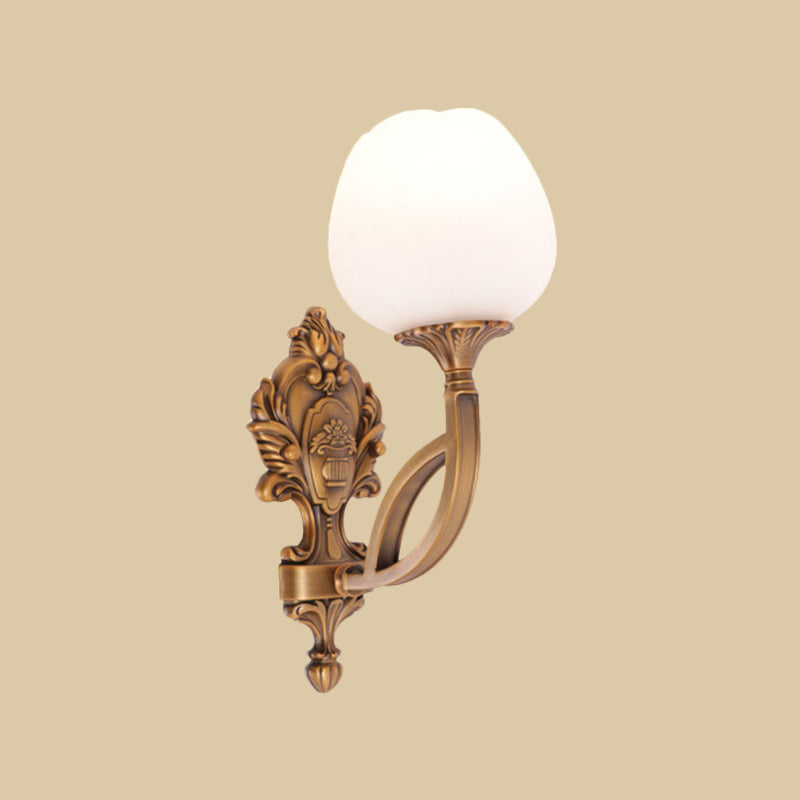 Rural Flower Wall Mounted Lamp 1 Light Cream Glass Wall Sconce Lighting in Brass with Carved Backplate Clearhalo 'Wall Lamps & Sconces' 'Wall Lights' Lighting' 1688399