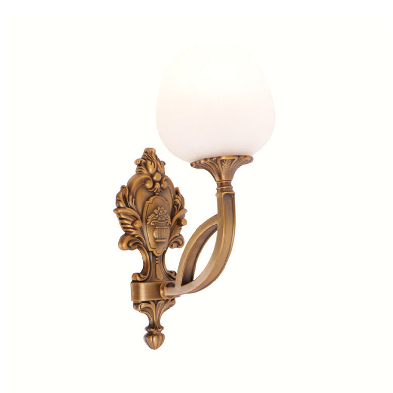 Rural Flower Wall Mounted Lamp 1 Light Cream Glass Wall Sconce Lighting in Brass with Carved Backplate Clearhalo 'Wall Lamps & Sconces' 'Wall Lights' Lighting' 1688400