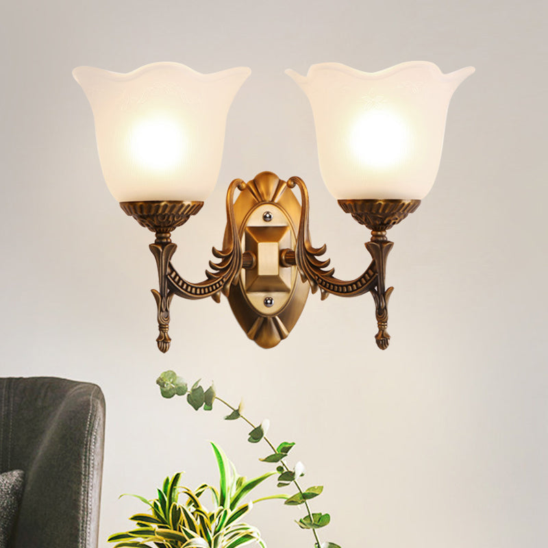 Brass Scalloped Bell Wall Light Fixture Rustic Frosted Glass 1/2-Light Living Room Wall Mount Lighting 2.0 Brass Clearhalo 'Wall Lamps & Sconces' 'Wall Lights' Lighting' 1688406