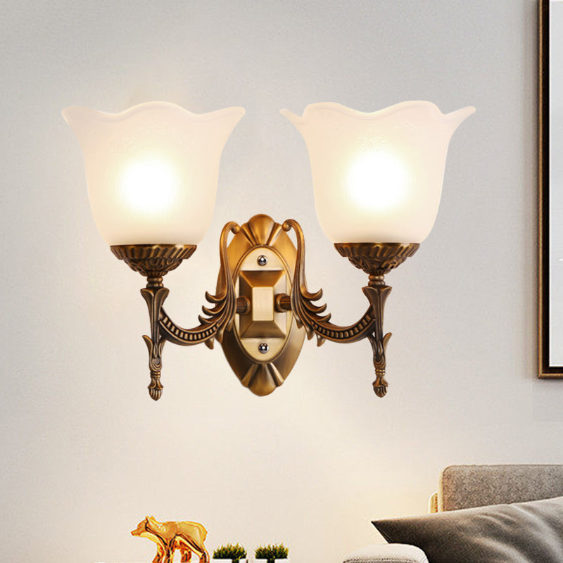 Brass Scalloped Bell Wall Light Fixture Rustic Frosted Glass 1/2-Light Living Room Wall Mount Lighting Clearhalo 'Wall Lamps & Sconces' 'Wall Lights' Lighting' 1688408