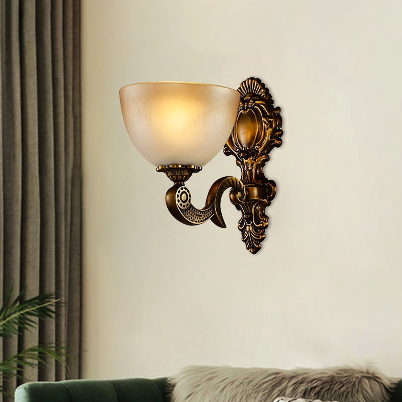 Frosted Glass Bowl Wall Sconce Light Rural 1 Light Bedroom Wall Lighting in Brass with Carved Backplate Clearhalo 'Wall Lamps & Sconces' 'Wall Lights' Lighting' 1688412